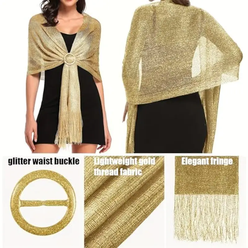 JSTHHTT 2 Pezzi Stola Scialle Donna Elegante, Coprispalle con Frange Vintage, Sciarpe Vintage Lucida a Tinta Unita miniatura 3