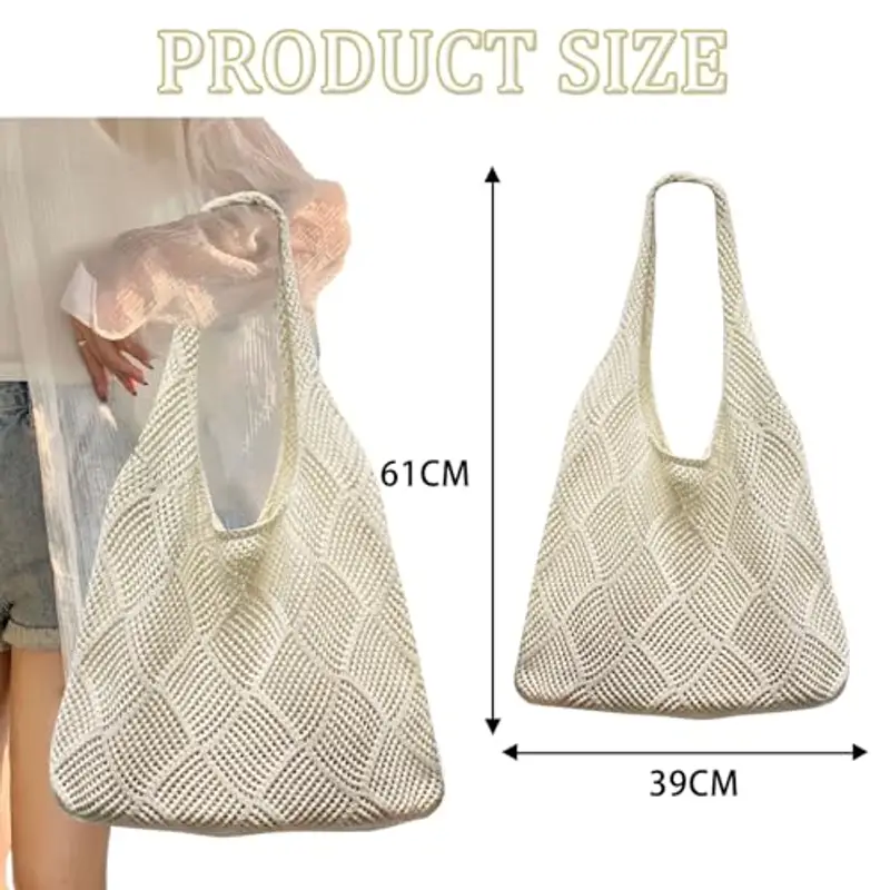 JSTHHTT Borsa Tote per Donna, Borsa da Spiaggia in Rete All'uncinetto, Borsa Intrecciata, in Stile Bohémien, per Scuola, Università, Viaggi, Lavoro miniatura 2
