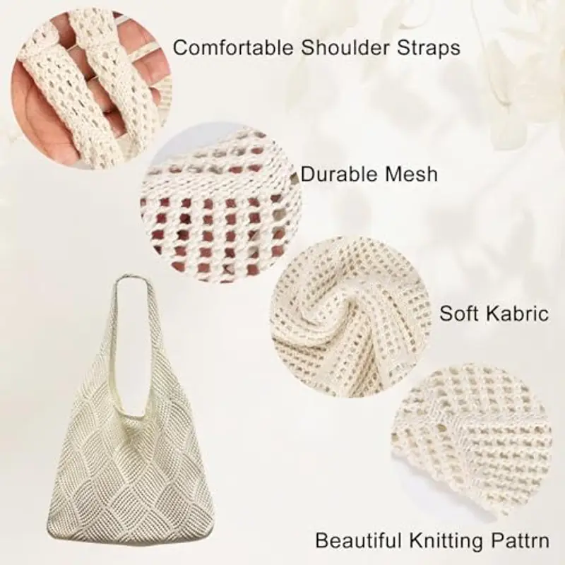 JSTHHTT Borsa Tote per Donna, Borsa da Spiaggia in Rete All'uncinetto, Borsa Intrecciata, in Stile Bohémien, per Scuola, Università, Viaggi, Lavoro miniatura 3