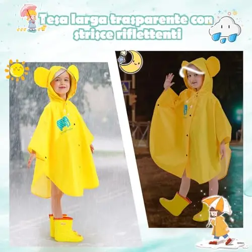JTENG Mantella Antipioggia Bambino, Poncho Impermeabile Mantellina Antipioggia Cappello Allargato Bambino con Strisce miniatura 3