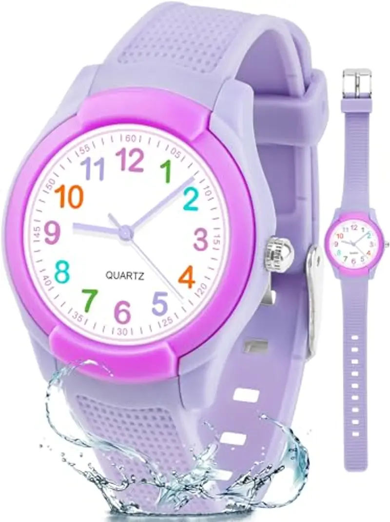 Juboos Orologio analogico per bambini e bambine, impermeabile fino a 3 atm, con gatto, facile da leggere, Viola miniatura 3