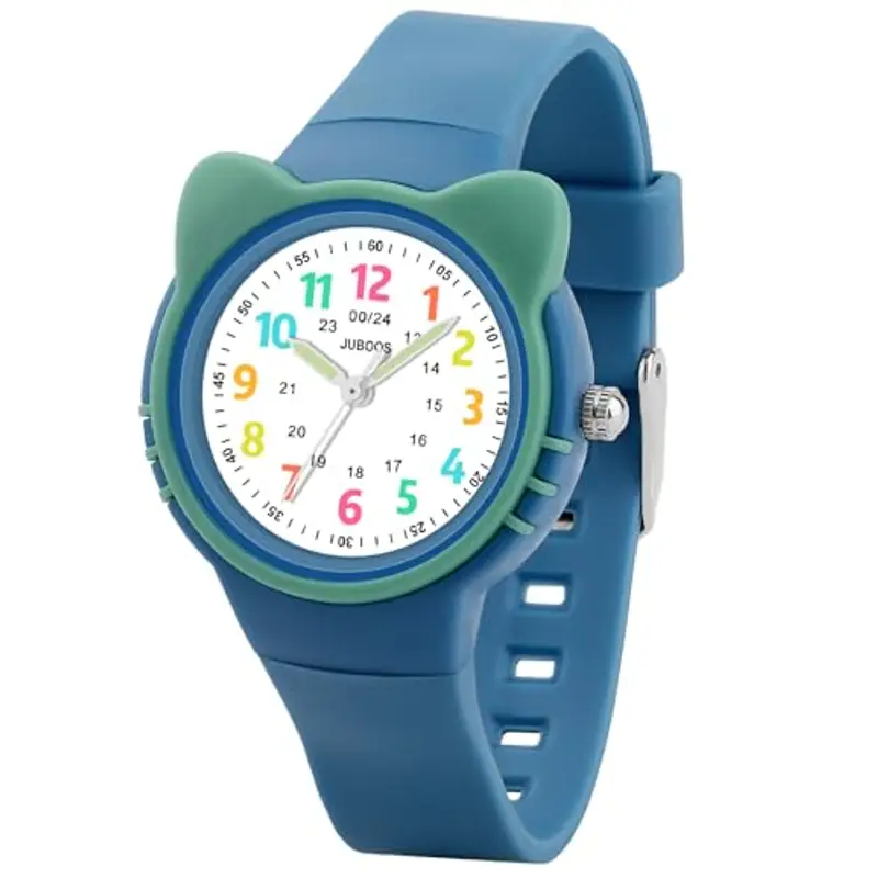 Juboos Orologio analogico per bambini e bambine, impermeabile fino a 3 atm, con gatto, facile da leggere, Viola, orologio gatto bambini (Blu)
