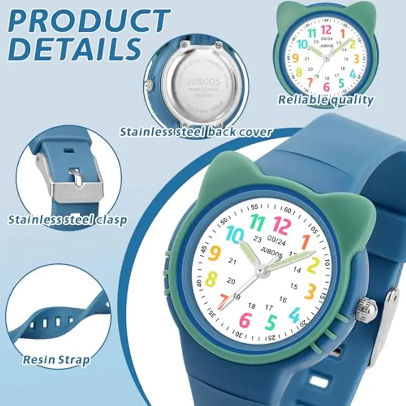Juboos Orologio analogico per bambini e bambine, impermeabile fino a 3 atm, con gatto, facile da leggere, Viola, orologio gatto bambini (Blu) miniatura 3