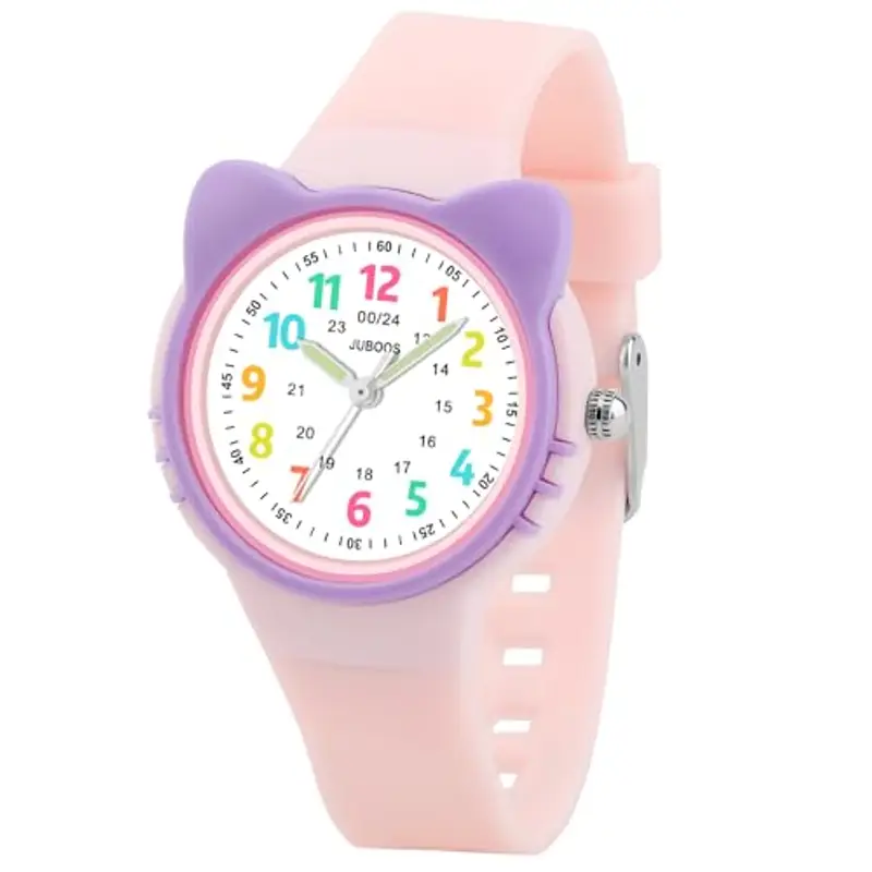 Juboos Orologio analogico per bambini e bambine, impermeabile fino a 3 atm, con gatto, facile da leggere, Viola, orologio gatto bambini (Rosa)