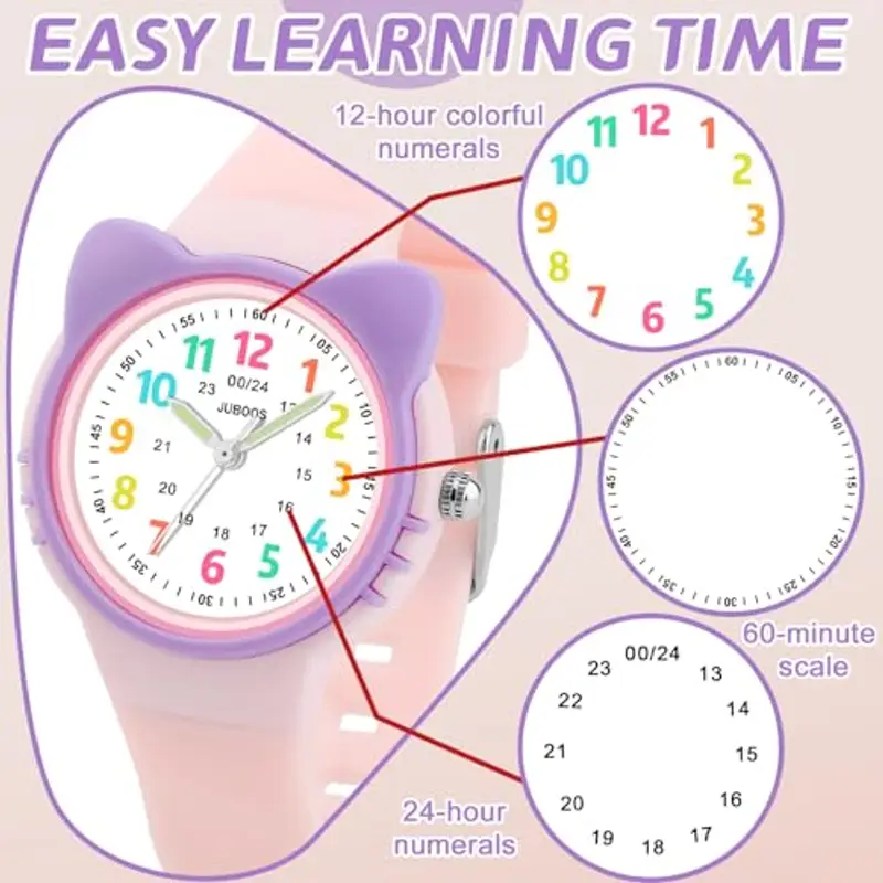 Juboos Orologio analogico per bambini e bambine, impermeabile fino a 3 atm, con gatto, facile da leggere, Viola, orologio gatto bambini (Rosa) miniatura 3