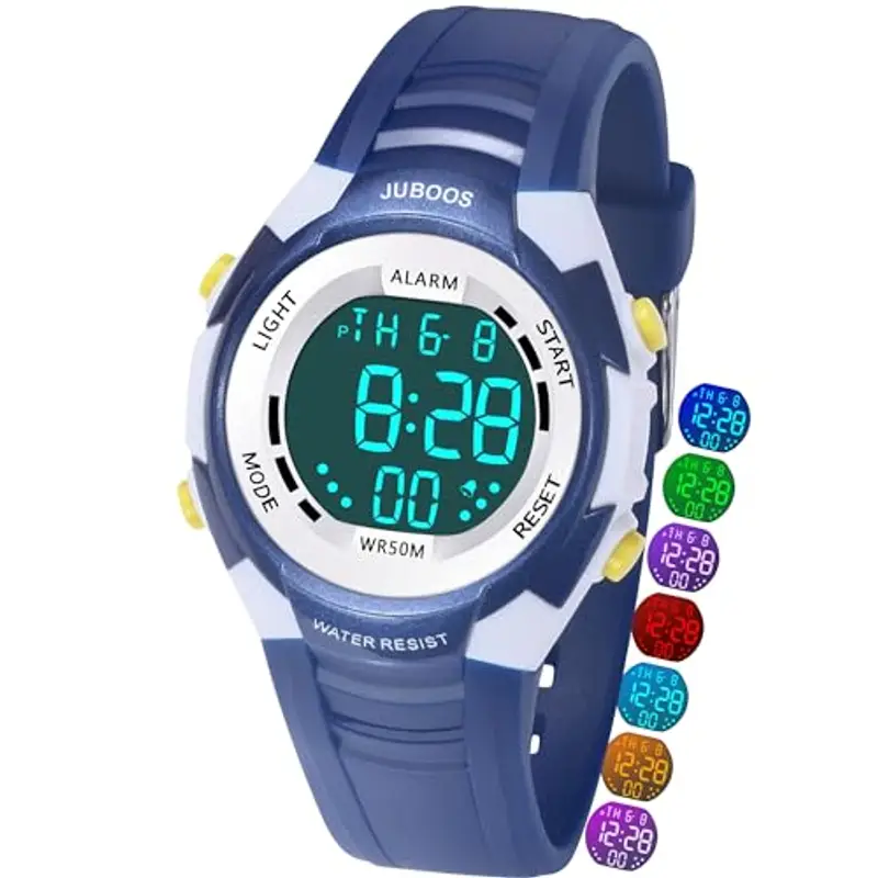 Juboos Orologio Bambina,con Cinturino Stampato e 7 Luci Colorate,Orologio Digitale Impermeabile per Bambini con Orecchie da Gatto per Ragazzo e Ragazza da 4 a 12 Anni (Blu Bianco)