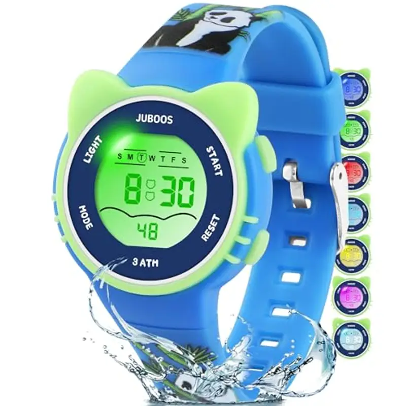 Juboos Orologio Bambina,con Cinturino Stampato e 7 Luci Colorate,Orologio Digitale Impermeabile per Bambini con Orecchie da Gatto per Ragazzo e Ragazza da 4 a 12 Anni (Panda Blu)
