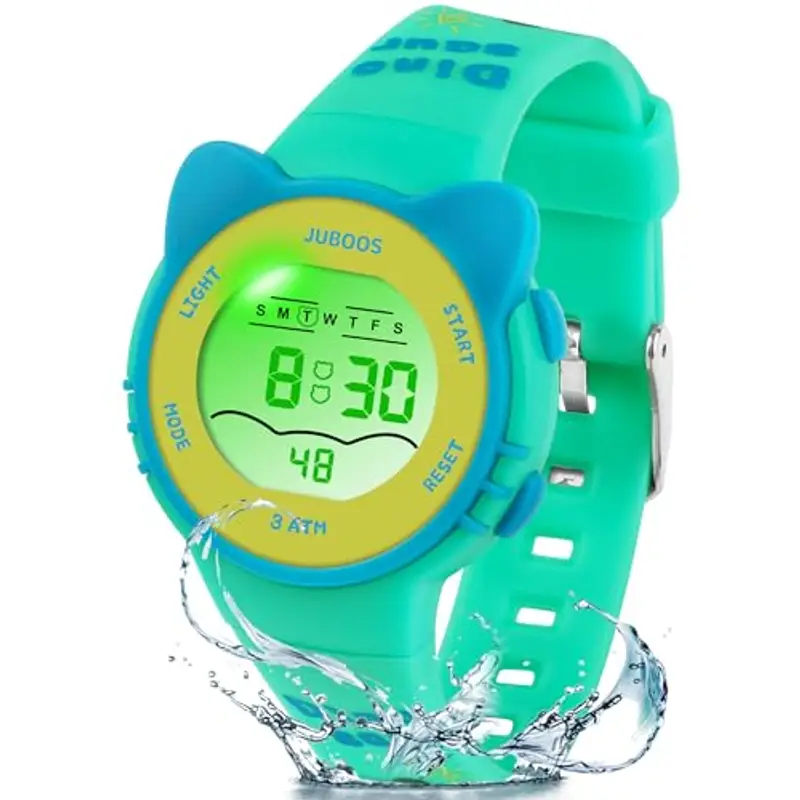 Juboos Orologio Bambina,con Cinturino Stampato e 7 Luci Colorate,Orologio Digitale Impermeabile per Bambini con Orecchie da Gatto per Ragazzo e Ragazza da 4 a 12 Anni (Verde)