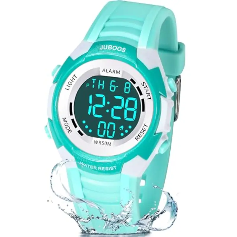 Juboos Orologio Bambina,con Cinturino Stampato e 7 Luci Colorate,Orologio Digitale Impermeabile per Bambini con Orecchie da Gatto per Ragazzo e Ragazza da 4 a 12 Anni (Verde Bianco)