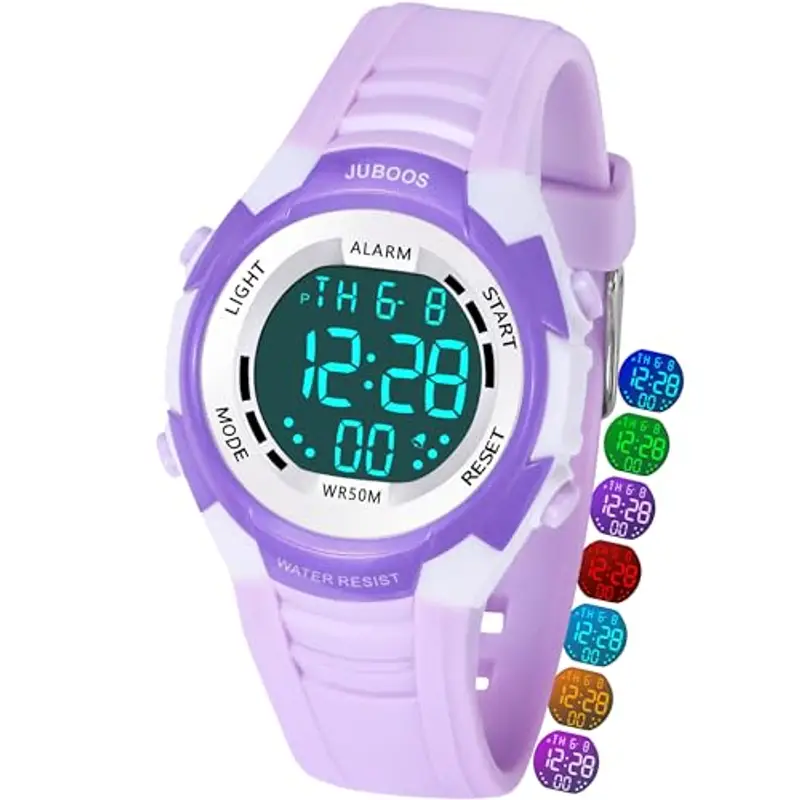 Juboos Orologio Bambina,con Cinturino Stampato e 7 Luci Colorate,Orologio Digitale Impermeabile per Bambini con Orecchie da Gatto per Ragazzo e Ragazza da 4 a 12 Anni (Viola Bianco)