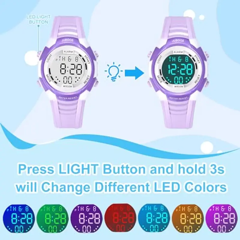 Juboos Orologio Bambina, con Cinturino Stampato e 7 Luci Colorate, Orologio Digitale Impermeabile per Bambini con Orecchie da Gatto per Ragazzo e Ragazza da 4 a 12 Anni (Viola Bianco) miniatura 3