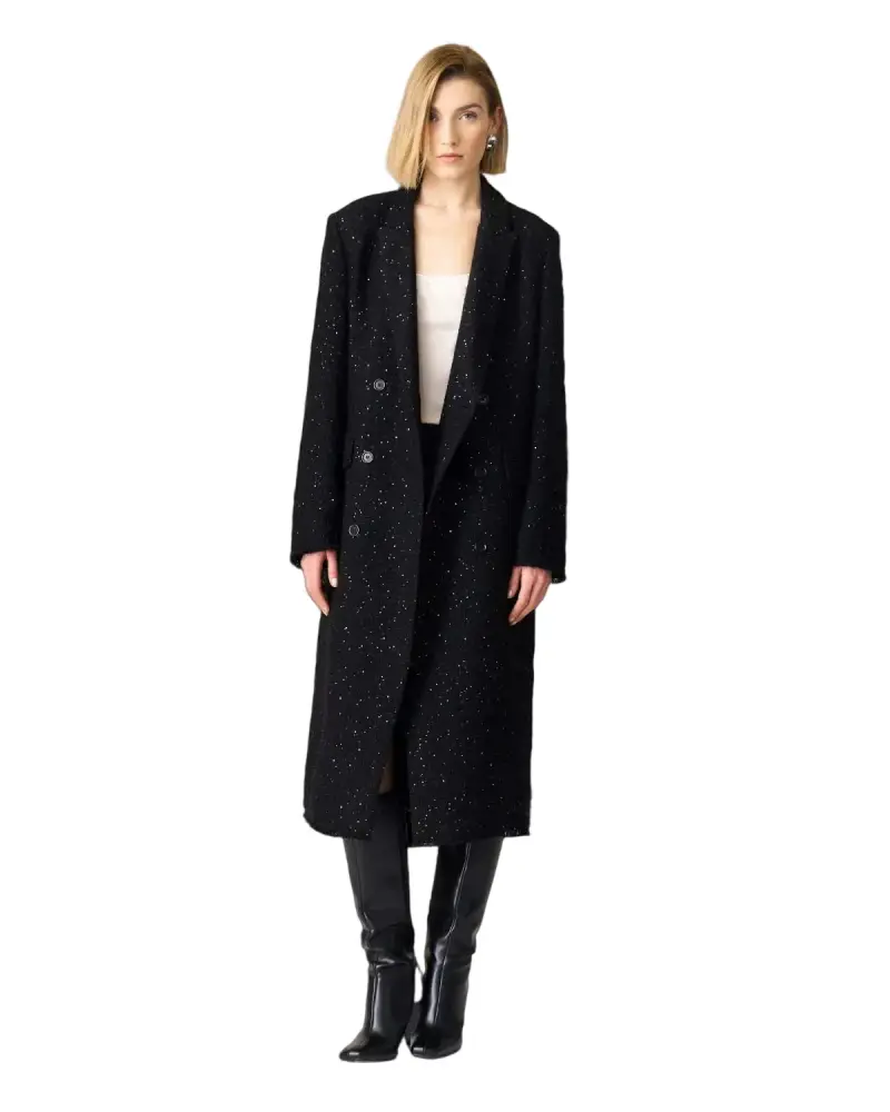 Cappotto monopetto lungo nero con pailettes multicolor