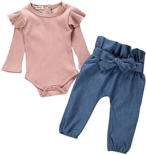 Juflam Neonato Baby Girl Outfits Vestiti Set Ruffle Manica Lunga Romper + Bow Denim Pants