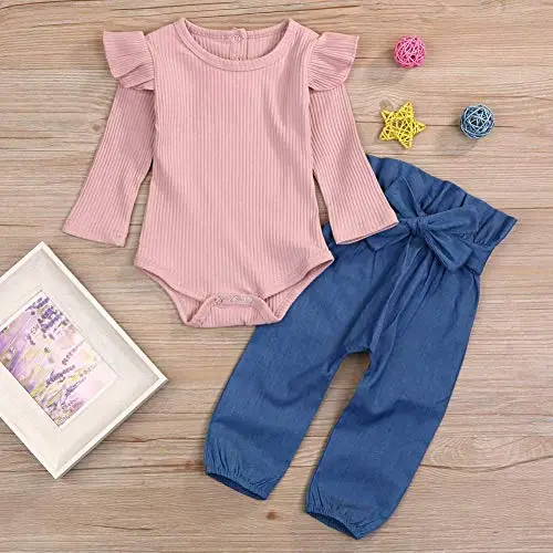 Juflam Neonato Baby Girl Outfits Vestiti Set Ruffle Manica Lunga Romper + Bow Denim Pants miniatura 2