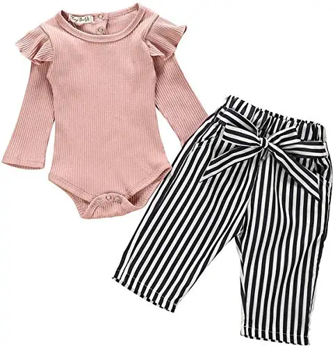 Juflam Neonato Baby Girl Outfits Vestiti Set Ruffle Manica Lunga Romper + Bow Denim Pants