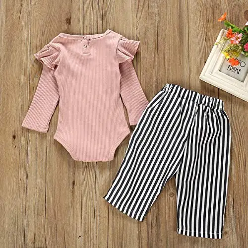 Juflam Neonato Baby Girl Outfits Vestiti Set Ruffle Manica Lunga Romper + Bow Denim Pants miniatura 3