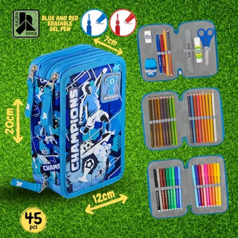 Julian Ross Astuccio 3 Scomparti, 45 Pezzi, 2 Penne Gel Cancellabili, Colla, Forbici, Pastelli 4.0, 3 Zip, Bambini miniatura 2