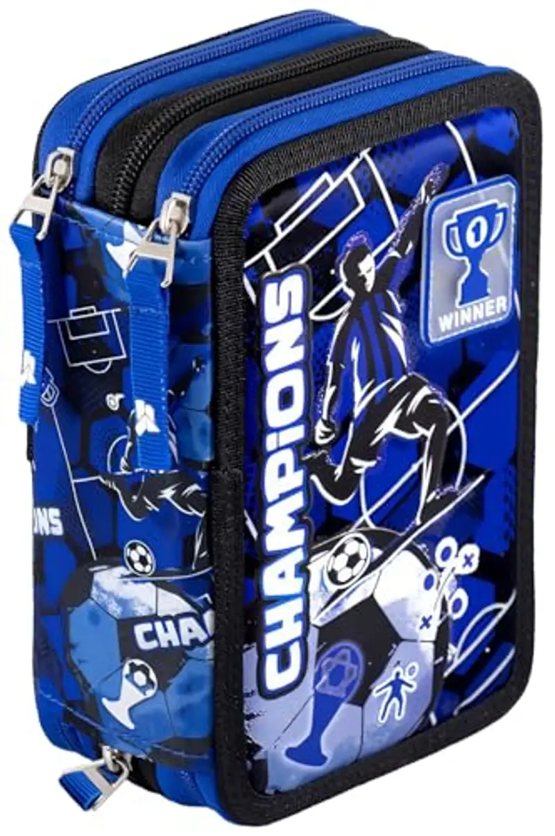 Julian Ross Astuccio 3 Scomparti, 45 Pezzi, Con Colla, Forbici, Pastelli 3.8, Penne, Pennarelli - 3 Zip, Bambini,