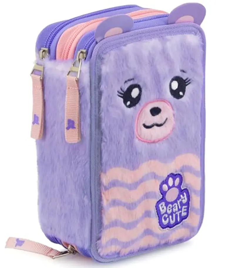 Julian Ross Astuccio 3 Scomparti Fluffy, 45 Pezzi, 2 Penne Gel Cancellabili, Colla, Forbici, Pastelli 4.0, 3 Zip,