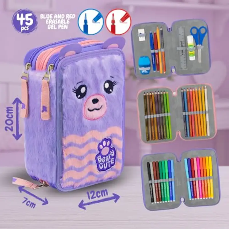 Julian Ross Astuccio 3 Scomparti Fluffy, 45 Pezzi, 2 Penne Gel Cancellabili, Colla, Forbici, Pastelli 4.0, 3 Zip miniatura 2