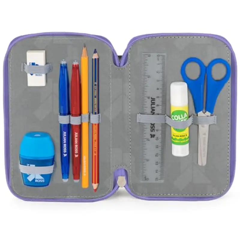 Julian Ross Astuccio 3 Scomparti Fluffy, 45 Pezzi, 2 Penne Gel Cancellabili, Colla, Forbici, Pastelli 4.0, 3 Zip miniatura 3