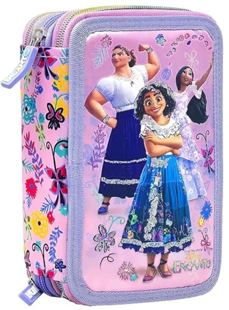 Julian Ross Astuccio 3 Scomparti per Encanto Fan – 44 Pezzi, Forbici, Pastelli, Pennarelli, 3 Zip, Bambina – Scuola e