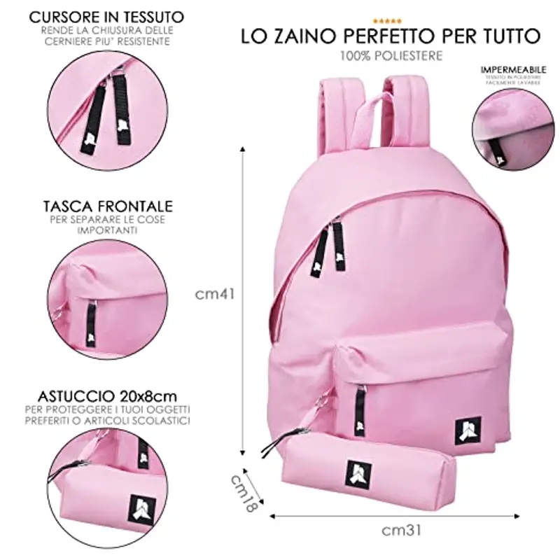 Julian Ross JR3007 Rosa Chiaro Zaino Con Astuccio Scuola Media, Elementare e Superiore per Bambine e Ragazze, 41 miniatura 2