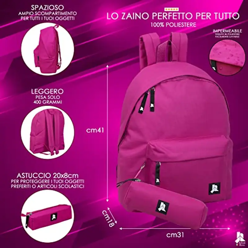 Julian Ross JR3007 Rosa Zaino Con Astuccio Scuola Media, Elementare e Superiore per Bambine e Ragazze, 41 Centimetri miniatura 2