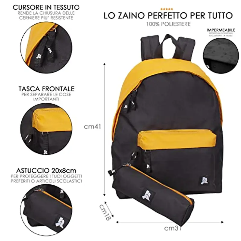 Julian Ross Nero Giallo Zaino Con Astuccio Scuola Media, Elementare e Superiore per Bambini e Ragazzi, 41cm, 24L miniatura 3