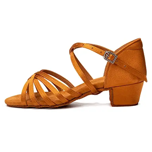 JUODVMP Scarpe Ballo Latino Bambina Scarpe da Ballo Salsa Bambina con Tacco 3cm Marrone Scarpe Latino Donna Americano,