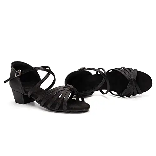 JUODVMP Scarpe Danza Latino Americano Bambina Donna Nero Salsa Pratica da Ballo Tacco 3.5cm Modello 202, 30 EU miniatura 3