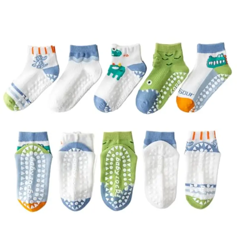 Jupsk 5 Paia di Calzini per Bambini con Dinosauri, Calzini Sportivi alla Caviglia con Impugnature Antiscivolo, Calzini miniatura 2