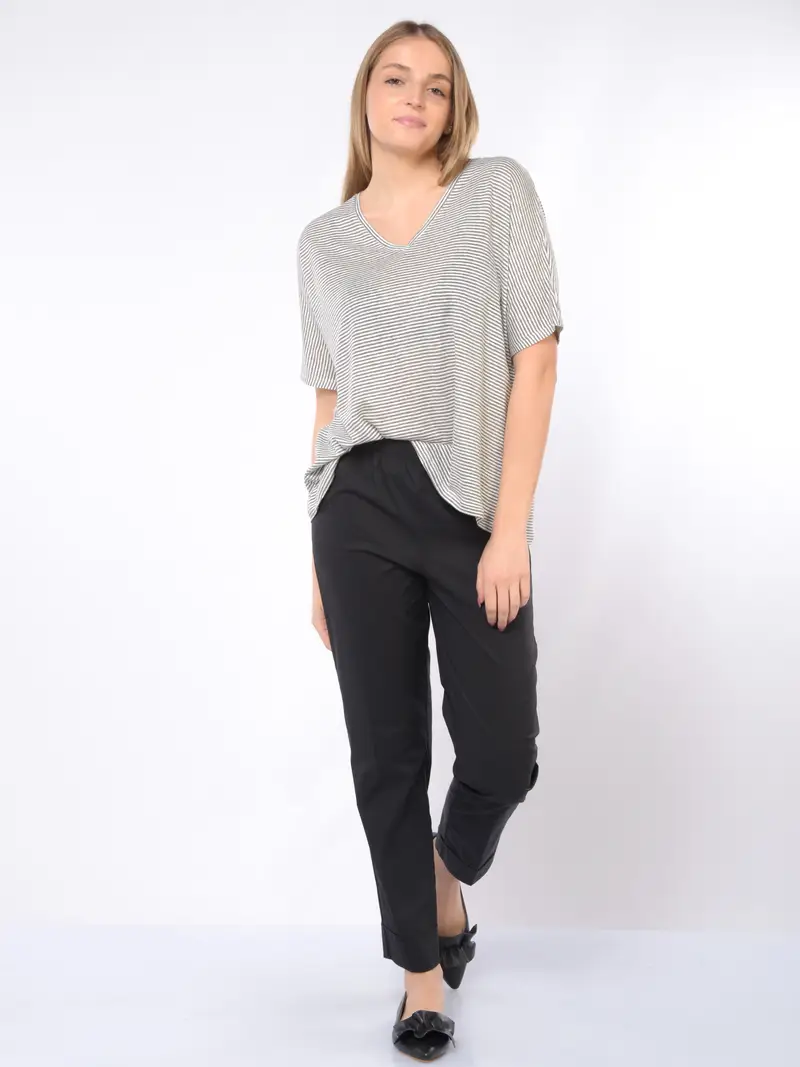 t Shirt da donna Jurere in lino e viscosa a righe Grigio miniatura 2