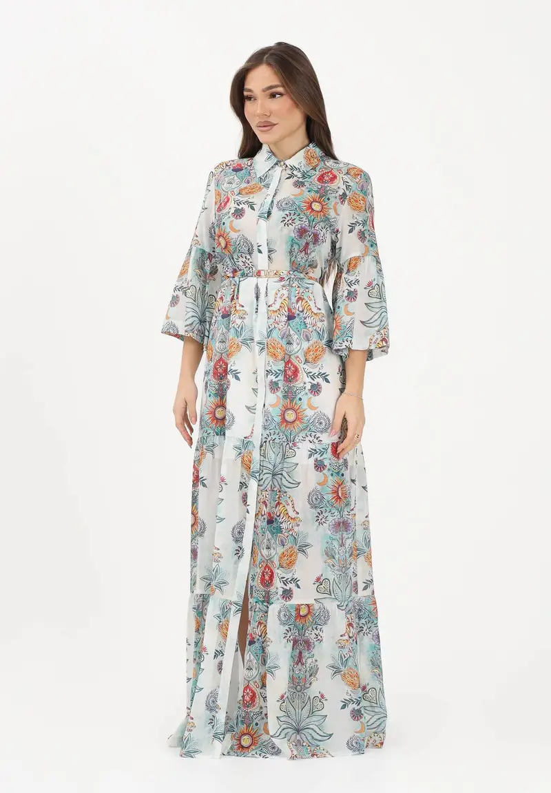 Abito lungo azzurro da donna con fantasia