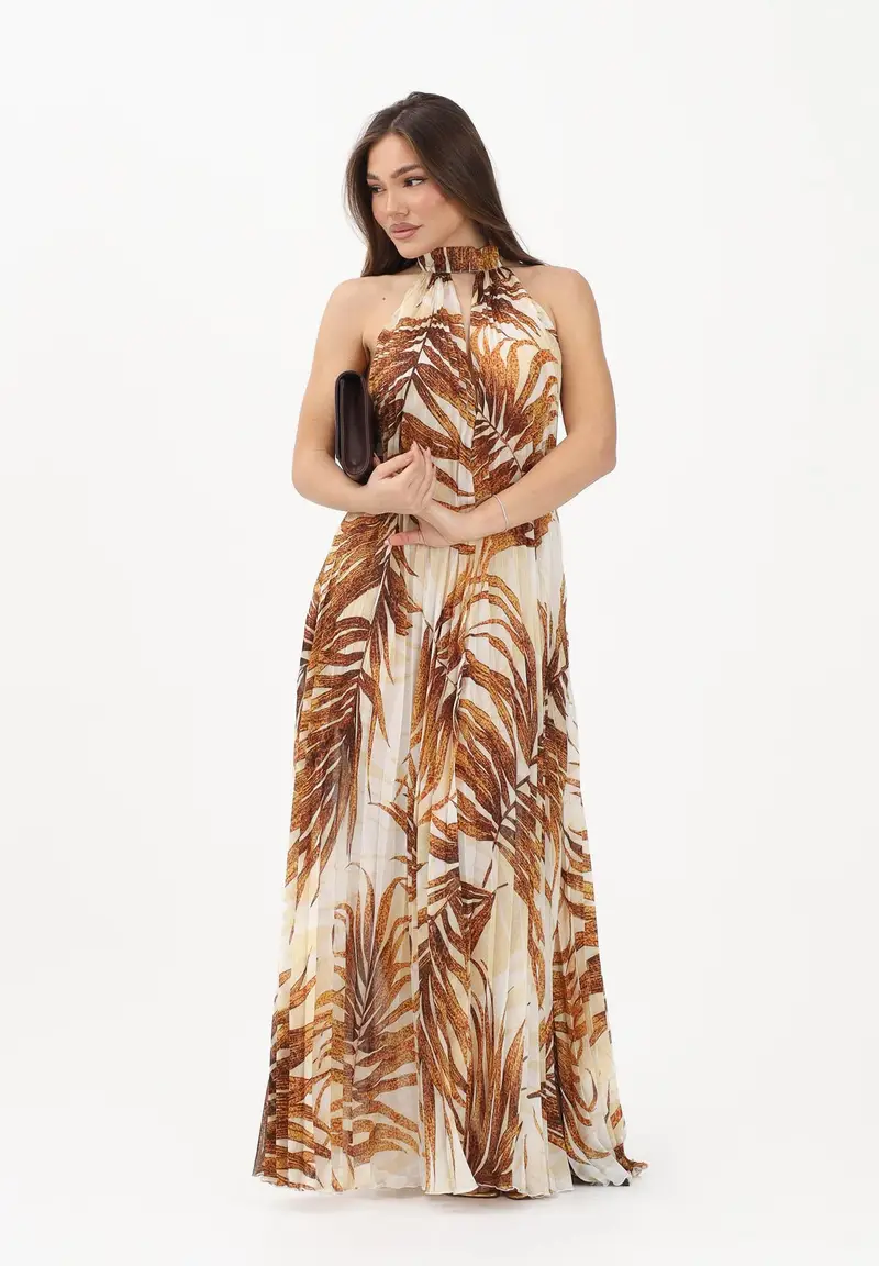 Abito lungo beige da donna con stampa di foglie stilizzate miniatura 2