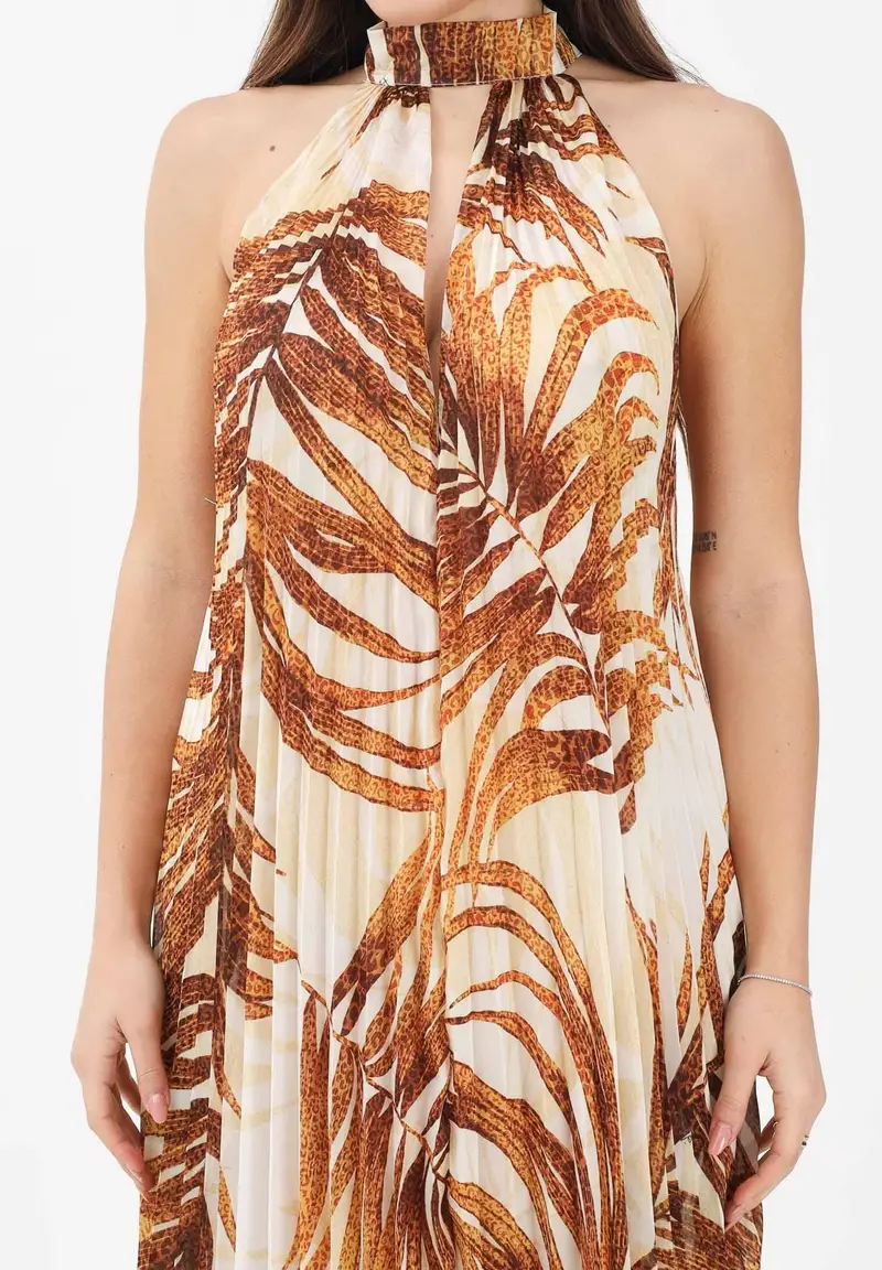 Abito lungo beige da donna con stampa di foglie stilizzate miniatura 3