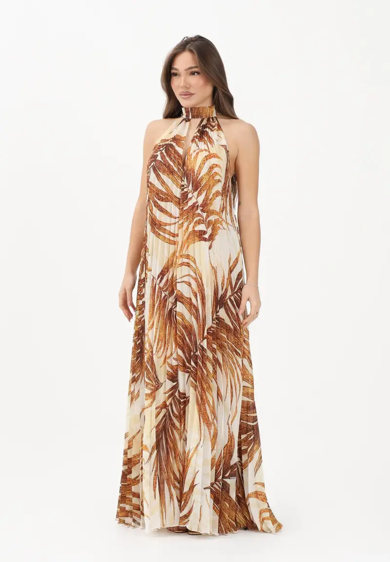 Abito lungo beige da donna con stampa di foglie stilizzate