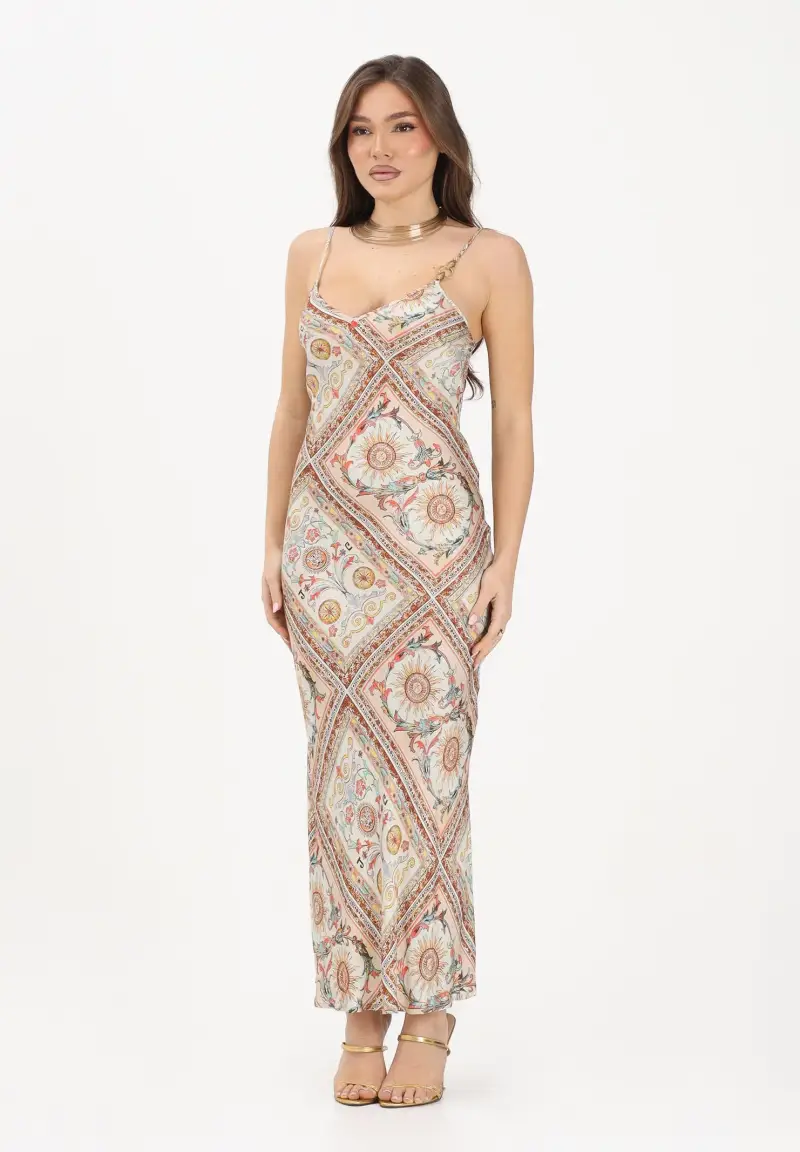Abito midi beige da donna con stampa ornamentale