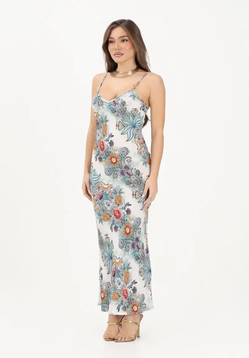 Abito midi panna da donna con fantasia multicolore