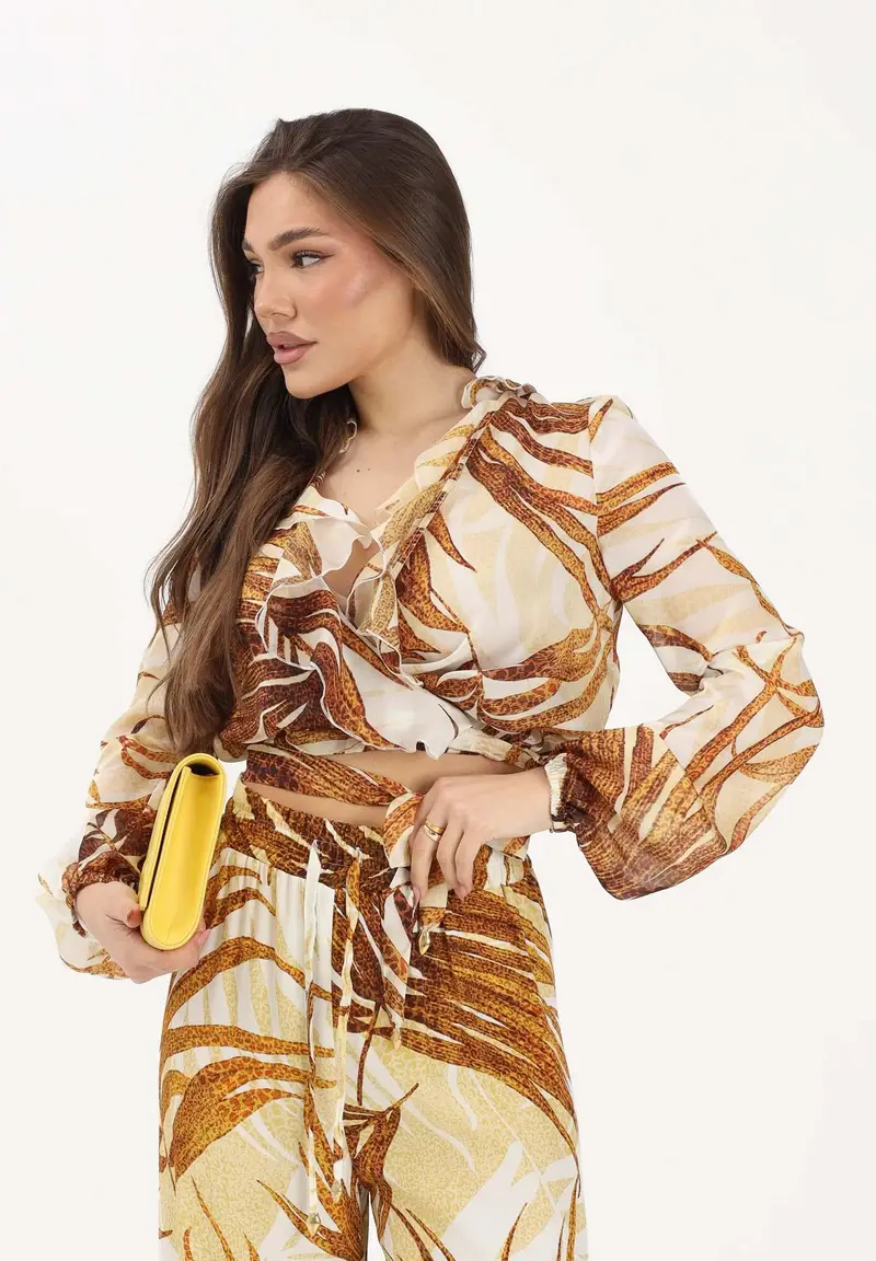 Blusa beige da donna con stampa di foglie stilizzate miniatura 2