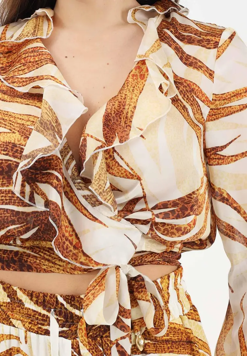 Blusa beige da donna con stampa di foglie stilizzate miniatura 3