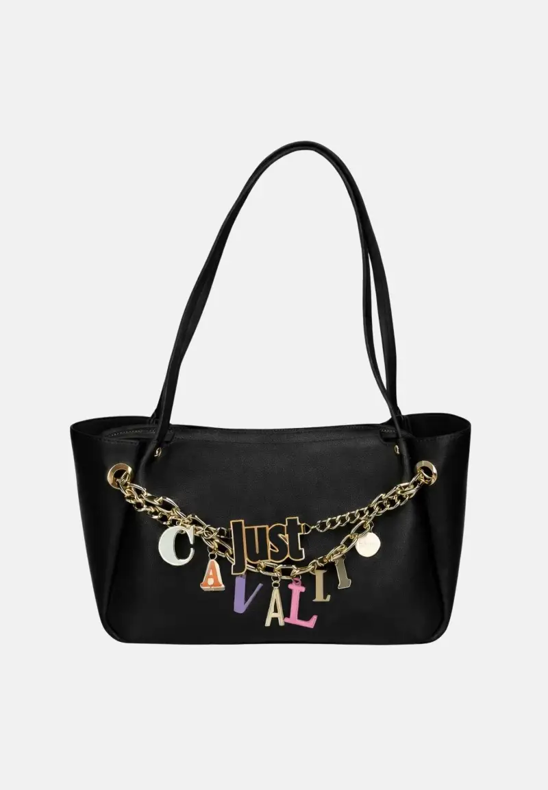 Borsa a spalla nera da donna con charm logo