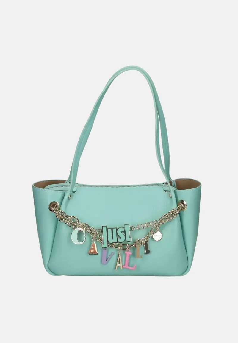 Borsa a spalla verde acqua da donna con charm logo