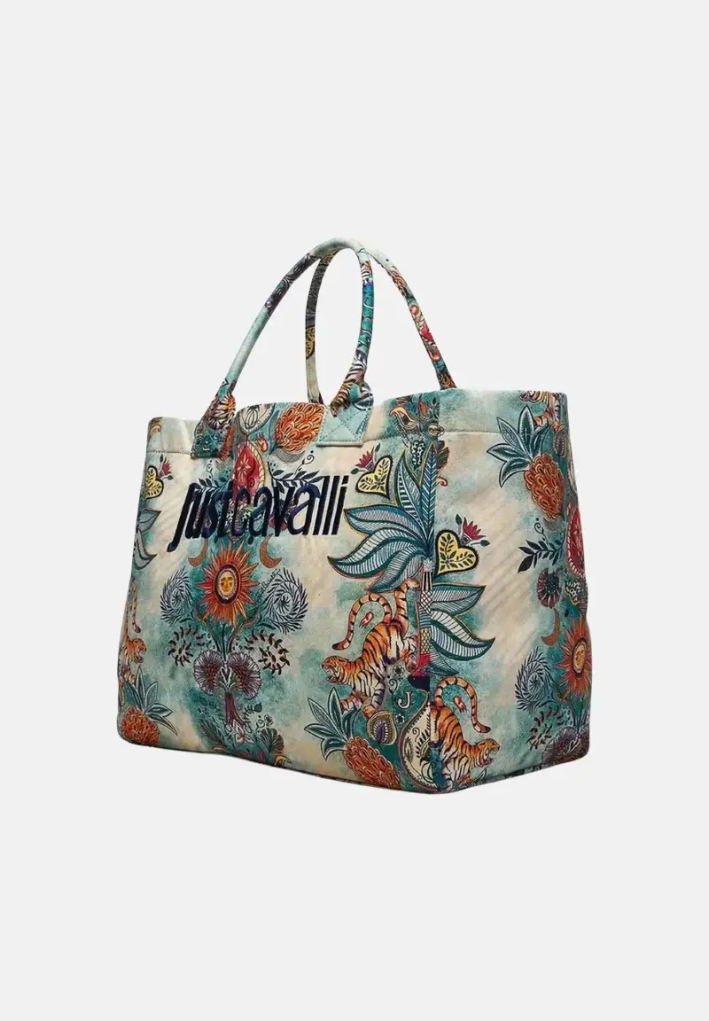 Borsa mare panna e azzurra da donna con stampa artistica all-over miniatura 2
