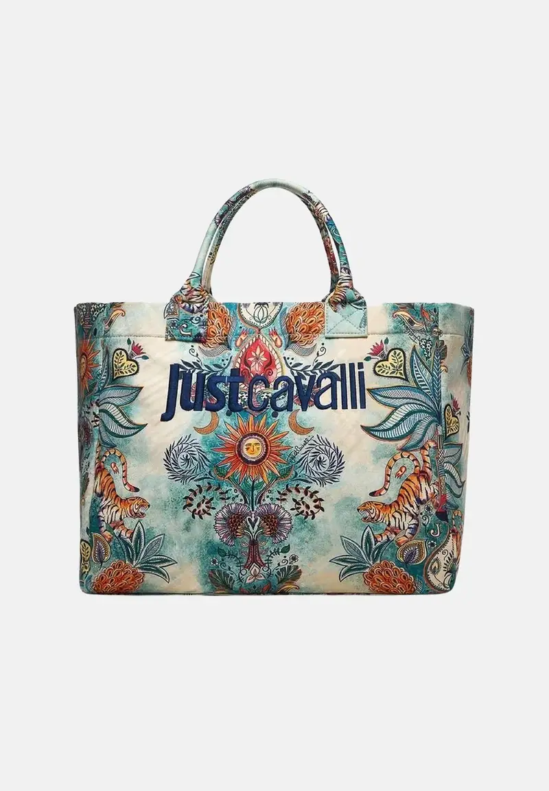 Borsa mare panna e azzurra da donna con stampa artistica all-over