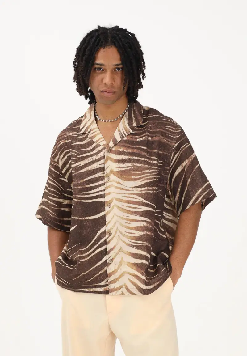 Camicia a manica corta beige e marrone da uomo con fantasia tigrata miniatura 2