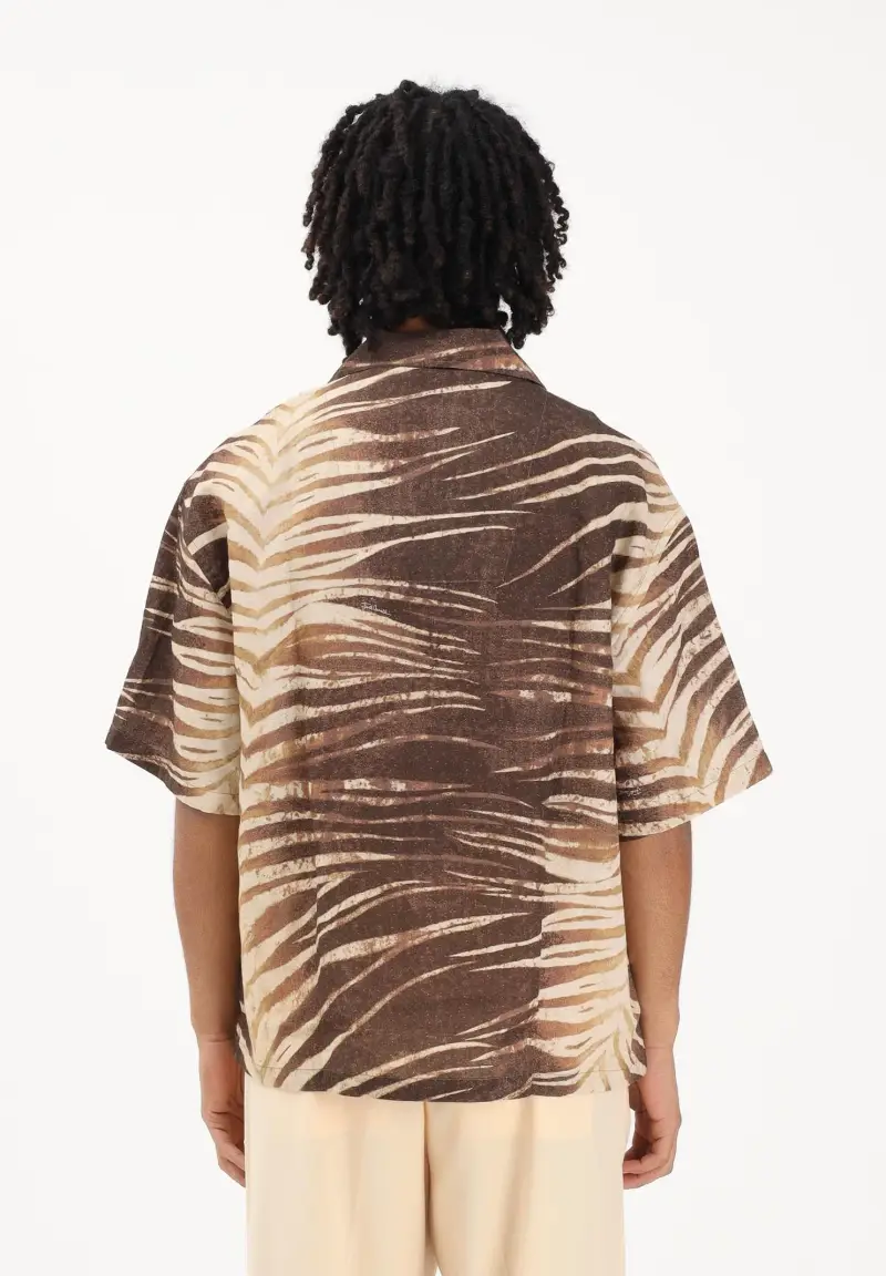Camicia a manica corta beige e marrone da uomo con fantasia tigrata miniatura 3