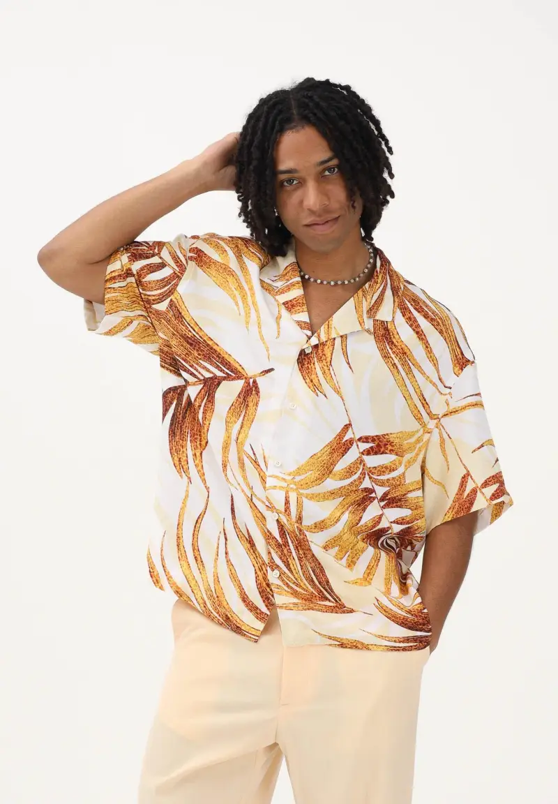 Camicia a manica corta panna da uomo con stampa tropicale miniatura 2