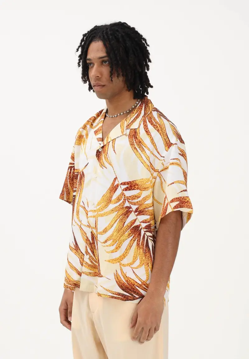 Camicia a manica corta panna da uomo con stampa tropicale