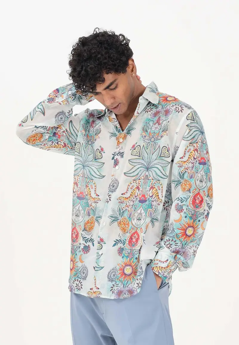 Camicia a manica lunga azzurra da uomo con stampa all-over miniatura 2